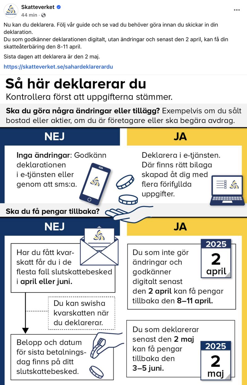 Skatteverket uppmanar allmänheten att följa deras guide om man ska deklarera. Foto: Skärmavbild Facebook/Skatteverket Skatteverket uppmanar allmänheten att följa deras guide om man ska deklarera. Foto: Skärmavbild Facebook/Skatteverket
